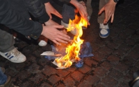 В Черкассах патриоты украинского языка сожгли флаг Партии регионов (ФОТО)