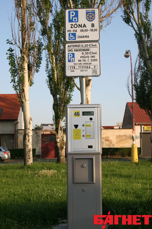 Словакия, Путешествуем по Словакии: Парковочный автомат на одной из улиц Трнавы. Дисплей выдает интуитивно понятные пошаговые инструкции на словацком и английском